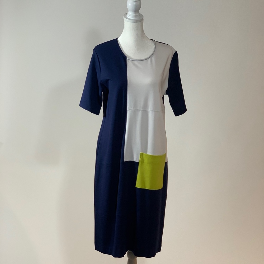 Joan Vass Navy and White and Lime Dress